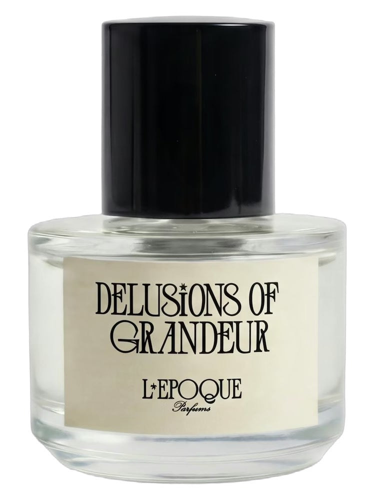 Perfume bottle labeled 'Delusions of Grandeur L'Epoque' on a white background