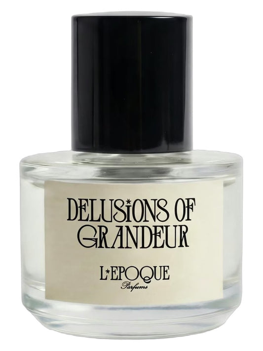 Perfume bottle labeled 'Delusions of Grandeur L'Epoque' on a white background